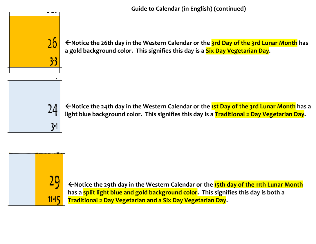 Six Day Vegetarian days are colored with a gold background whereas the first and fifteenth lunar vegetarian days are colored with light blue background. Days with half gold and half light blue are both Six Day Vegan and Two Day Vegan Days.